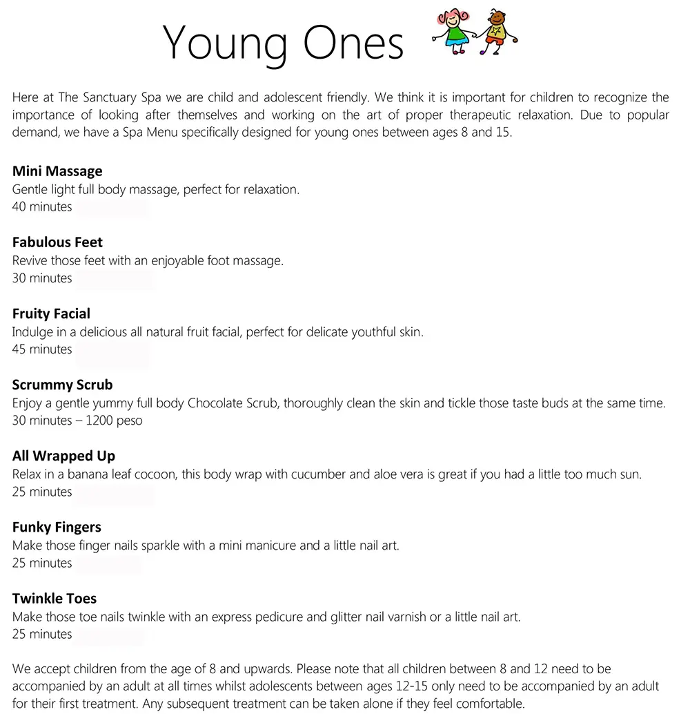 the Sanctuary spa at Atmosphere Resorts spa menu for children