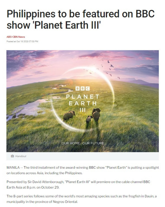 Screenshot of a news article announcing that the Philippines will be featured in Planet Earth III, with a promotional image showing elephants walking across a grassy landscape under a colorful sky.