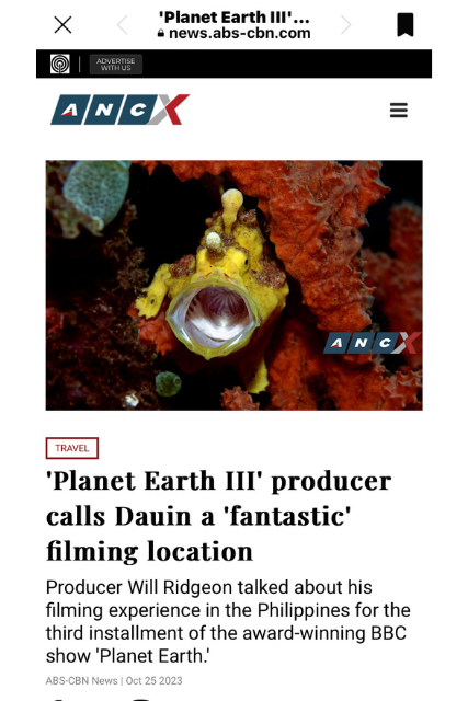 Screenshot of an ANC News article featuring a frogfish image and the headline about a Planet Earth III producer calling Dauin a fantastic filming location.