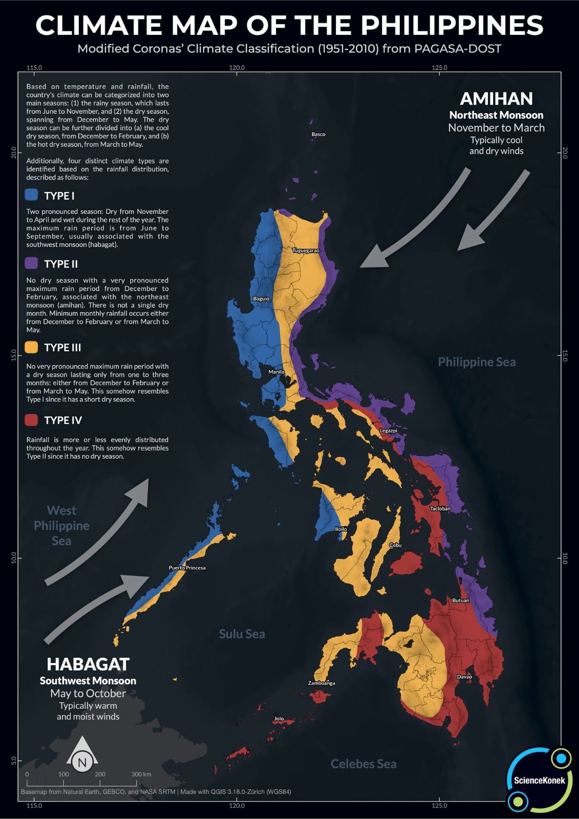 Climate map of the Philippines showing the four climate types and the seasonal Habagat (southwest monsoon) and Amihan (northeast monsoon) wind patterns based on PAGASA-DOST's Modified Coronas' Climate Classification.